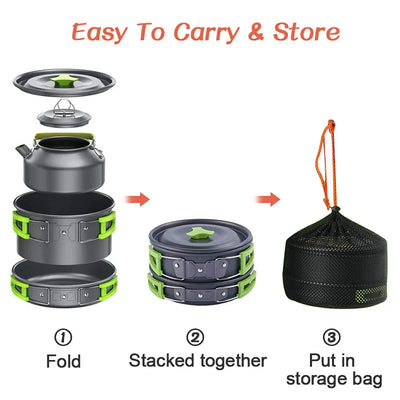 Camping Cooking Set – Non-Stick Pots & Teapot for 2-3 People – Travel Tableware & Outdoor Picnic Cookware Set