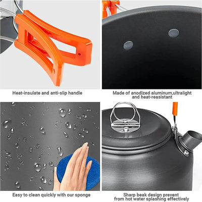 Camping Cooking Set – Non-Stick Pots & Teapot for 2-3 People – Travel Tableware & Outdoor Picnic Cookware Set