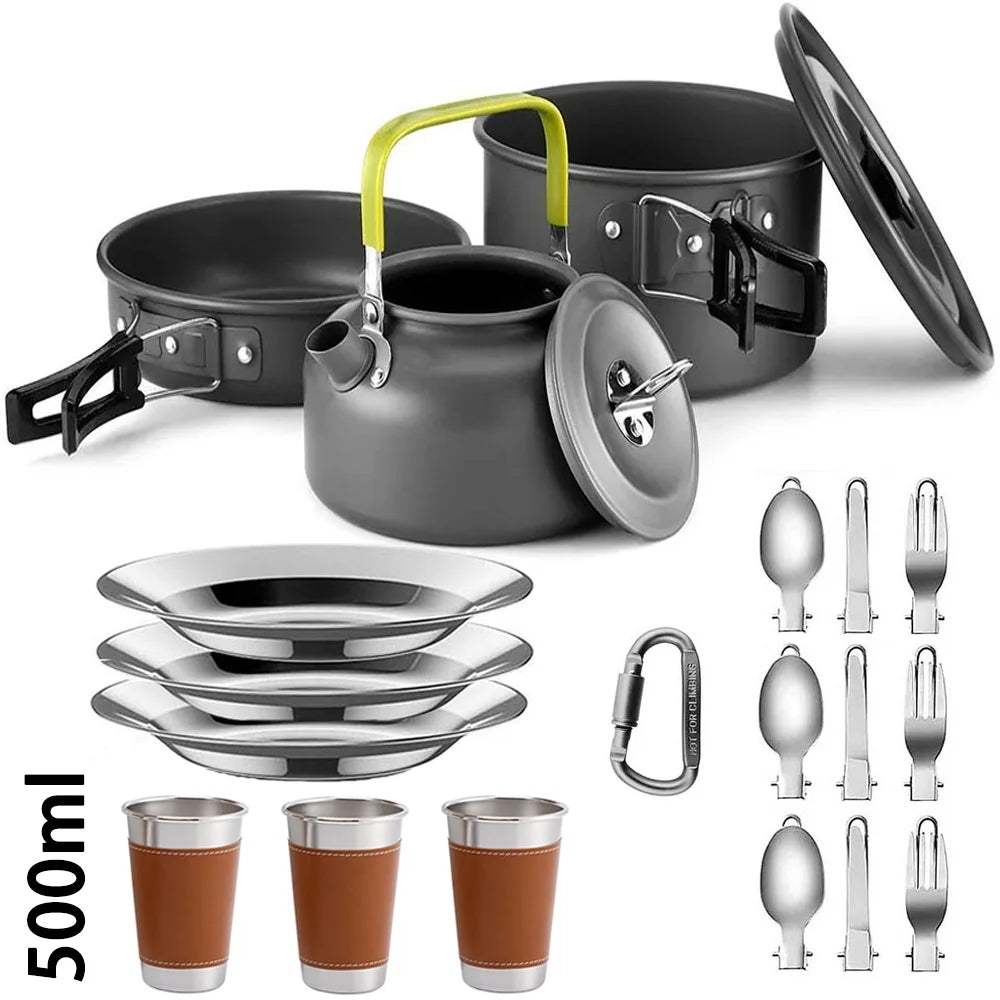 Camping Cooking Set – Non-Stick Pots & Teapot for 2-3 People – Travel Tableware & Outdoor Picnic Cookware Set