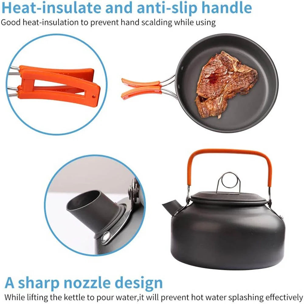 Camping Cooking Set – Non-Stick Pots & Teapot for 2-3 People – Travel Tableware & Outdoor Picnic Cookware Set